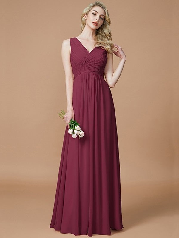 Floor-Length A-Line/Princess V-neck Ruched Sleeveless Chiffon Bridesmaid Dresses