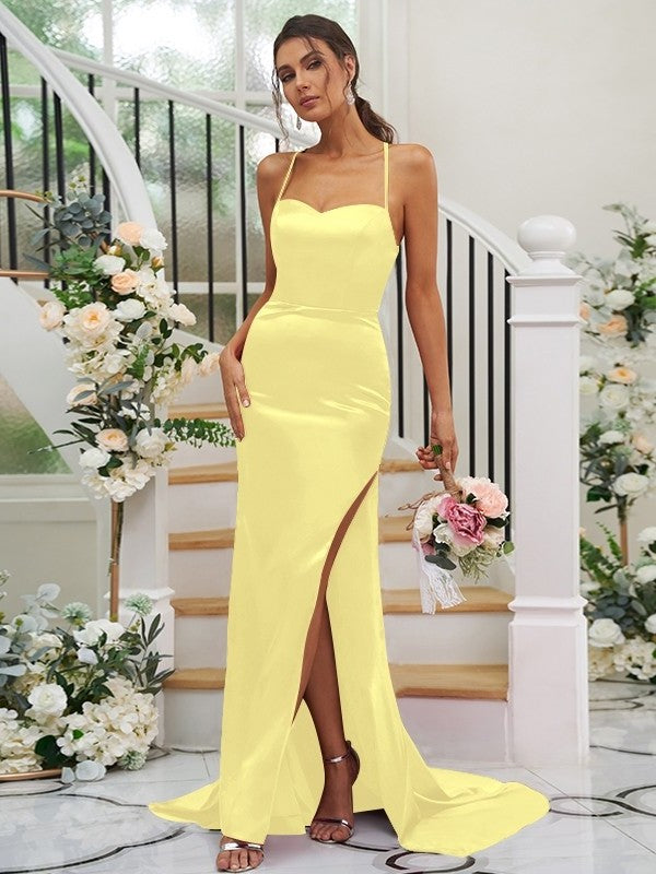 Woven Sweep/Brush Sleeveless Ruched Elastic Satin Sheath/Column Square Train Bridesmaid Dresses