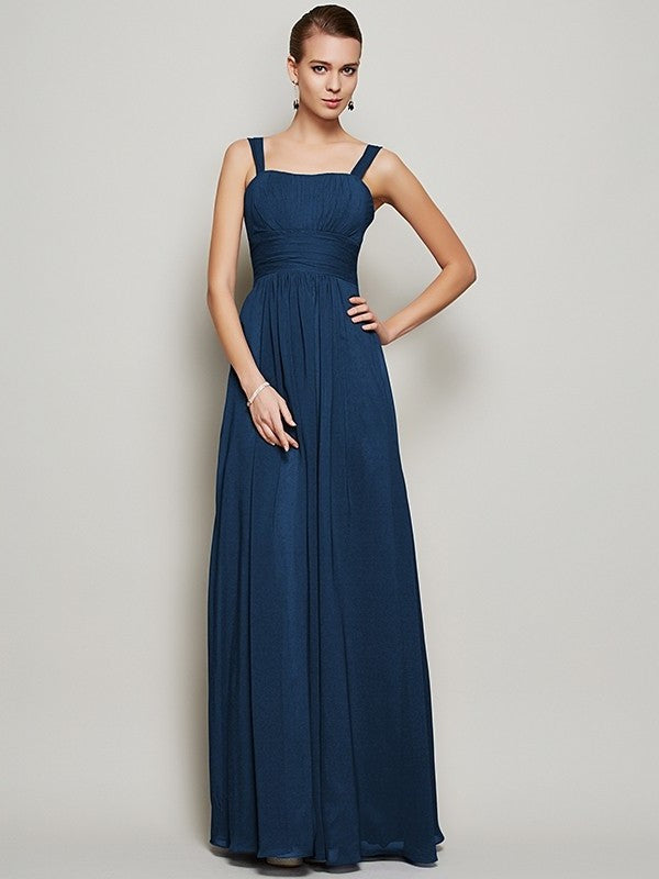 Straps Pleats Sheath/Column Sleeveless Long Chiffon Bridesmaid Dresses