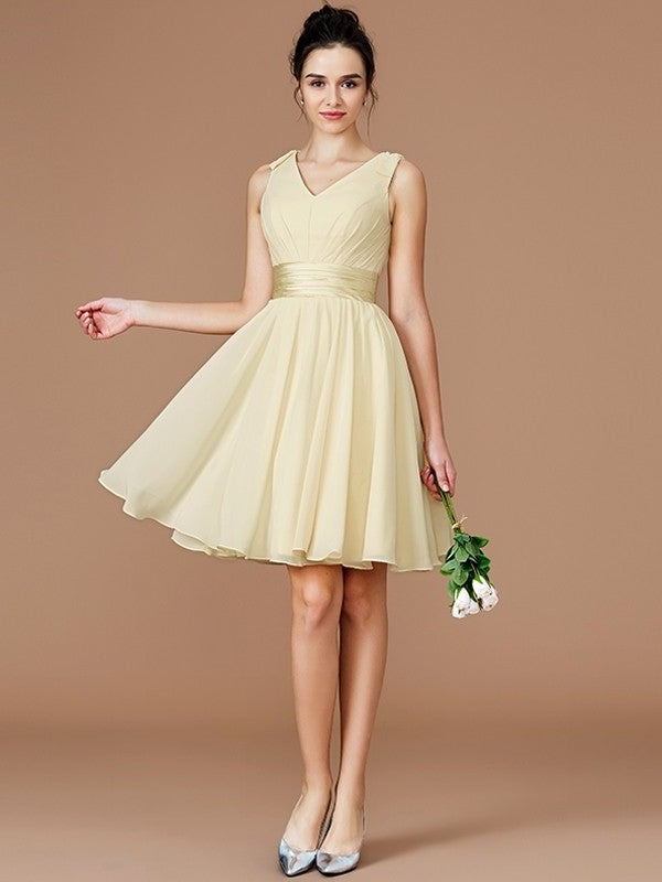 A-Line/Princess Sash/Ribbon/Belt Short/Mini Sleeveless V-neck Chiffon Bridesmaid Dresses