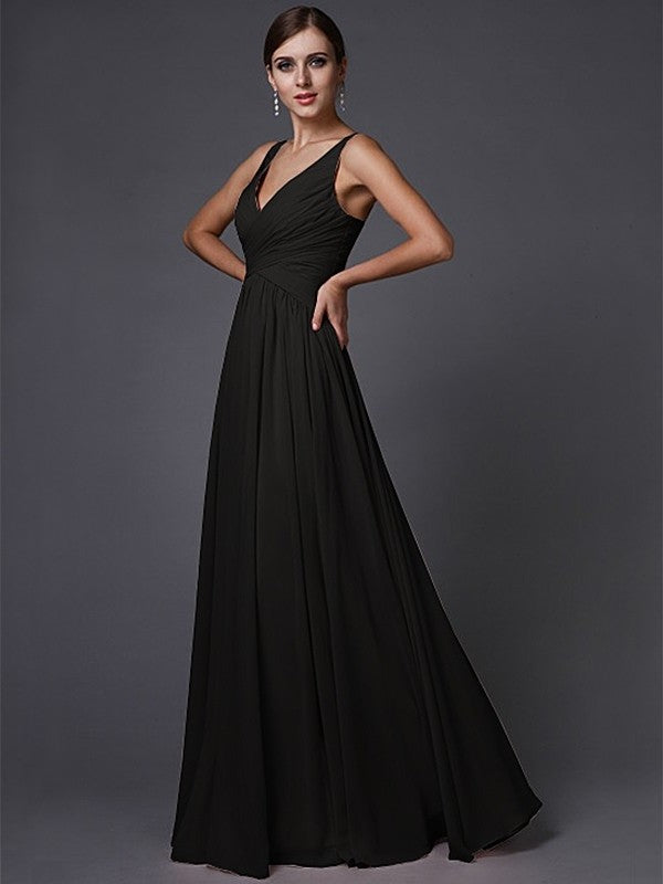 A-Line/Princess Ruffles V-neck Sleeveless Long Chiffon Bridesmaid Dresses