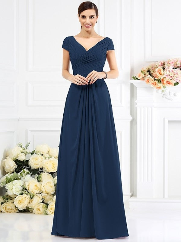 Long Pleats A-Line/Princess Short V-neck Sleeves Chiffon Bridesmaid Dresses