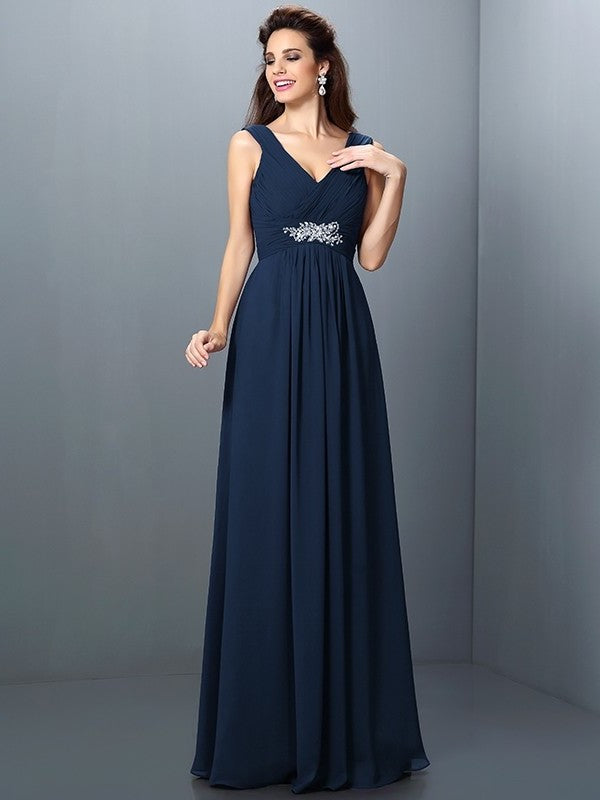 Long Sleeveless V-neck Pleats Beading A-Line/Princess Chiffon Bridesmaid Dresses