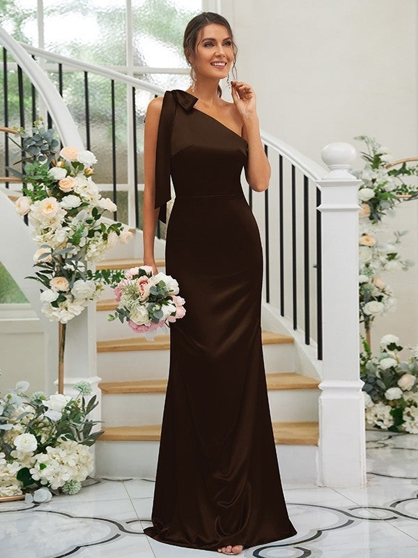 Satin Bowknot Sheath/Column Sleeveless One-Shoulder like Silk Floor-Length Bridesmaid Dresses