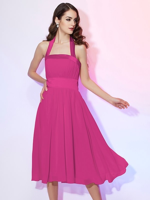 A-Line/Princess Sleeveless Pleats Short Halter Chiffon Bridesmaid Dresses