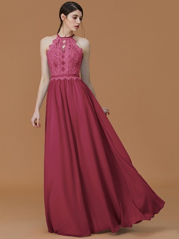 Lace Halter Floor-Length A-Line/Princess Sleeveless Chiffon Bridesmaid Dresses