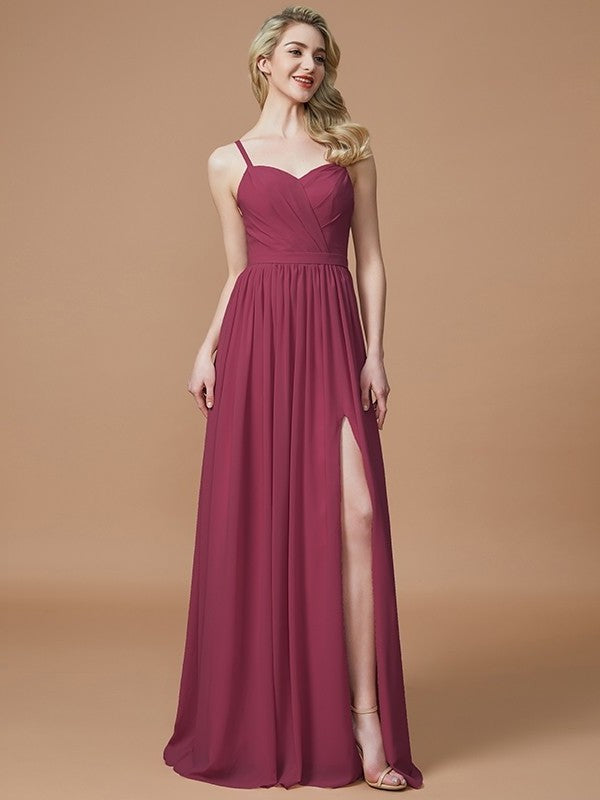 A-Line/Princess Ruched Spaghetti Sleeveless Floor-Length Straps Chiffon Bridesmaid Dresses