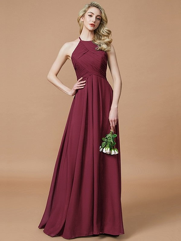 Sleeveless Ruched Floor-Length Halter A-Line/Princess Chiffon Bridesmaid Dresses