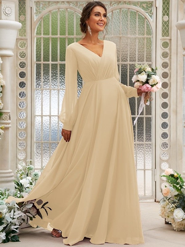 Chiffon Ruched Long V-neck Sleeves A-Line/Princess Floor-Length Bridesmaid Dresses