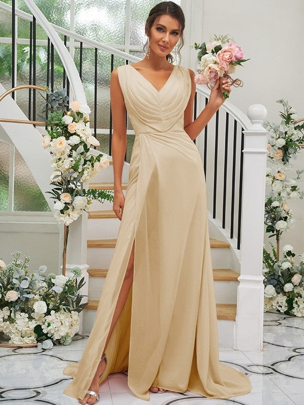 Ruched Sleeveless V-neck A-Line/Princess Sweep/Brush Chiffon Train Bridesmaid Dresses