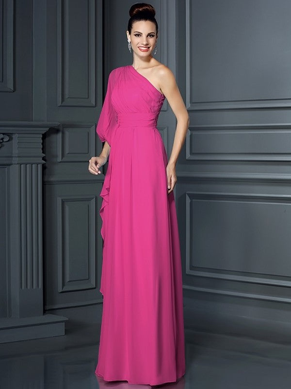 Long One-Shoulder Sleeves 3/4 Sheath/Column Chiffon Bridesmaid Dresses