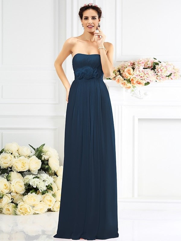 Long Sleeveless Flower Strapless A-Line/Princess Hand-Made Chiffon Bridesmaid Dresses