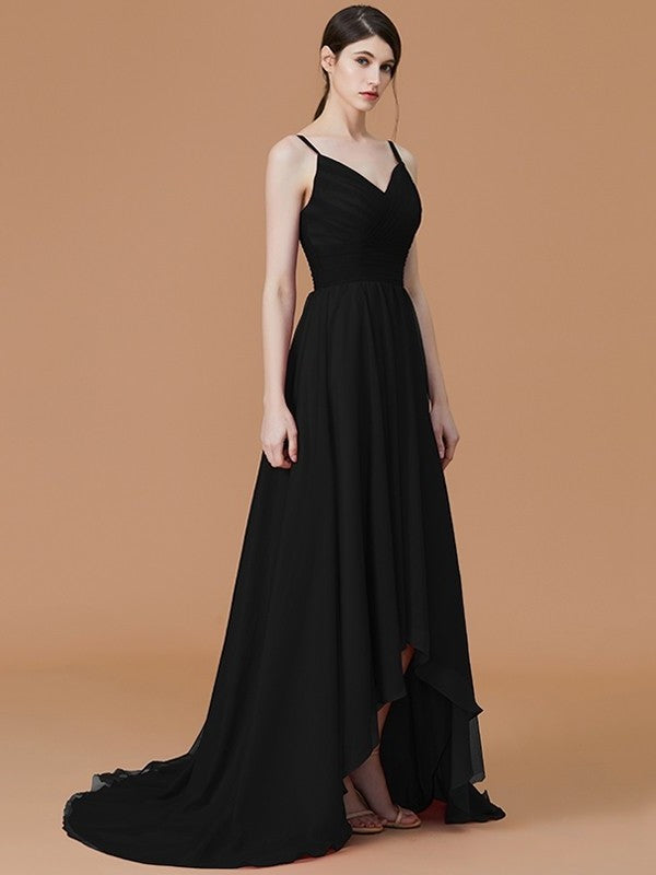 Ruffles Sleeveless Asymmetrical Spaghetti A-Line/Princess Straps Chiffon Bridesmaid Dresses