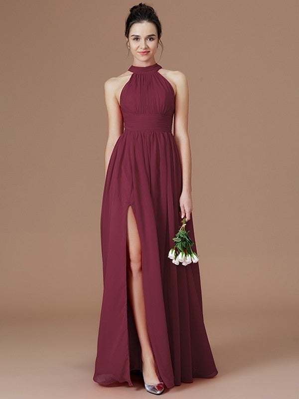 A-Line/Princess Halter Sleeveless Floor-Length Ruched Chiffon Bridesmaid Dresses