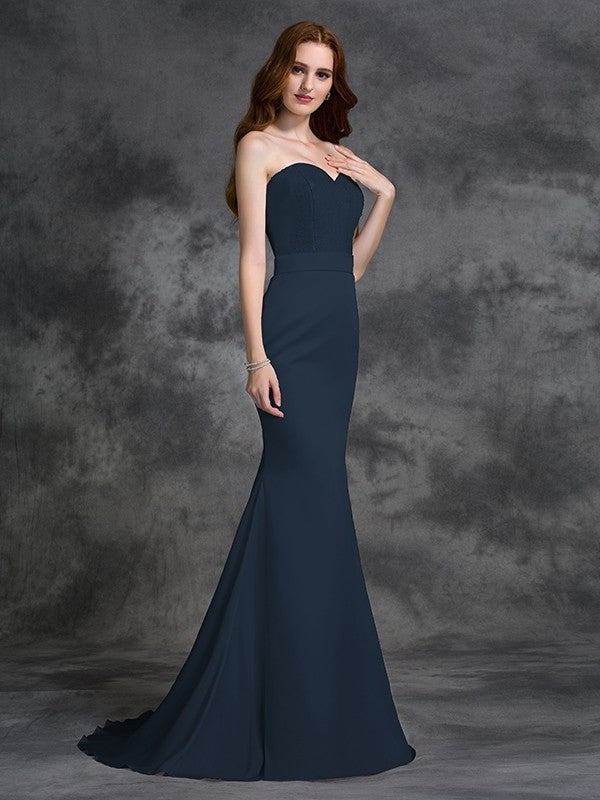 Sweetheart Beading Trumpet/Mermaid Sleeveless Satin Long Chiffon Bridesmaid Dresses