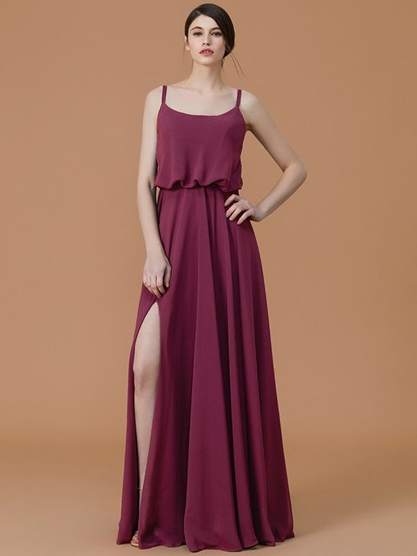 Floor-Length Ruffles Sleeveless A-Line/Princess Straps Spaghetti Chiffon Bridesmaid Dresses