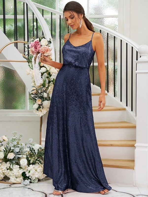 Ruched Sequins Sleeveless A-Line/Princess Straps Floor-Length Bridesmaid Dresses