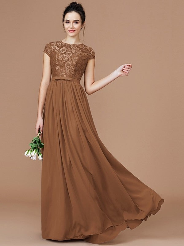 Lace A-Line/Princess Sleeves Short Jewel Floor-Length Chiffon Bridesmaid Dresses