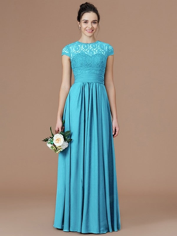 Floor-Length Sleeves Lace A-Line/Princess Short Jewel Chiffon Bridesmaid Dresses