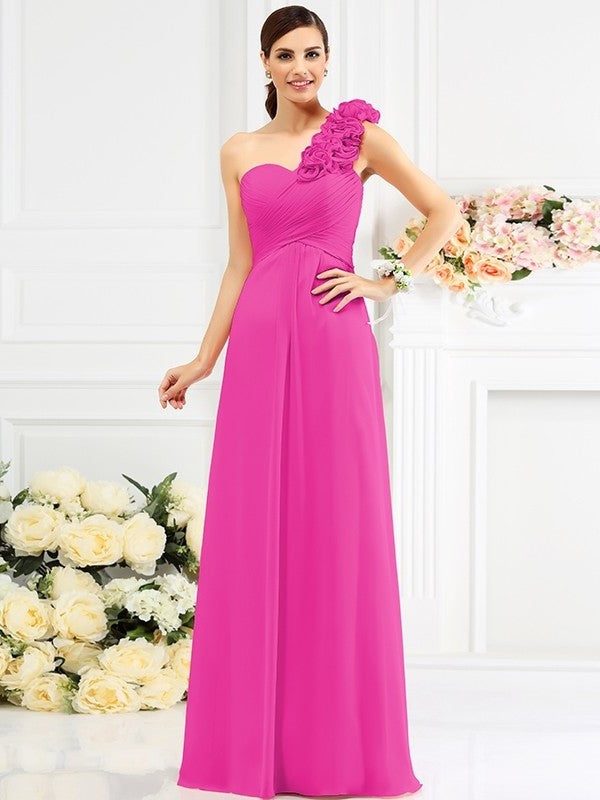 Sleeveless Long Hand-Made A-Line/Princess Flower One-Shoulder Chiffon Bridesmaid Dresses