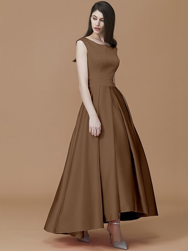 Asymmetrical Sleeveless A-Line/Princess Ruffles Bateau Satin Bridesmaid Dresses