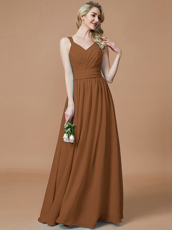 V-neck Floor-Length Chiffon A-Line/Princess Sleeveless Bridesmaid Dresses