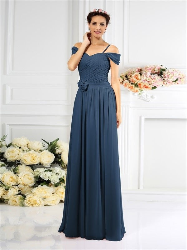 Sleeveless Long Straps Pleats A-Line/Princess Spaghetti Chiffon Bridesmaid Dresses