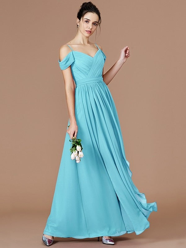 A-Line/Princess Ruched Off-the-Shoulder Sleeveless Floor-Length Chiffon Bridesmaid Dresses