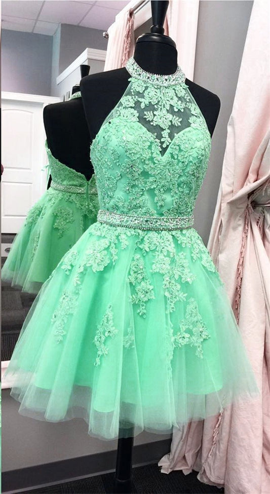 Halter Open Back Appliques Beads Tulle Lace Homecoming Dress JS529